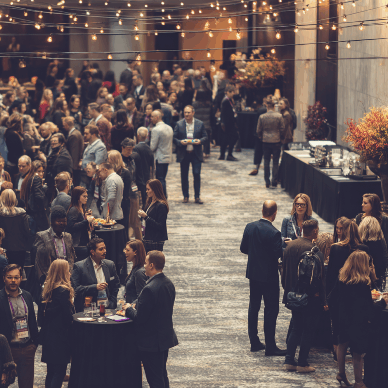 Busy networking reception with attendees socializing