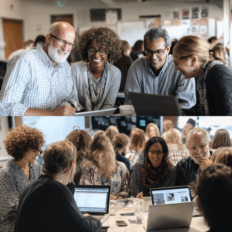 Diverse professionals collaborating around laptops