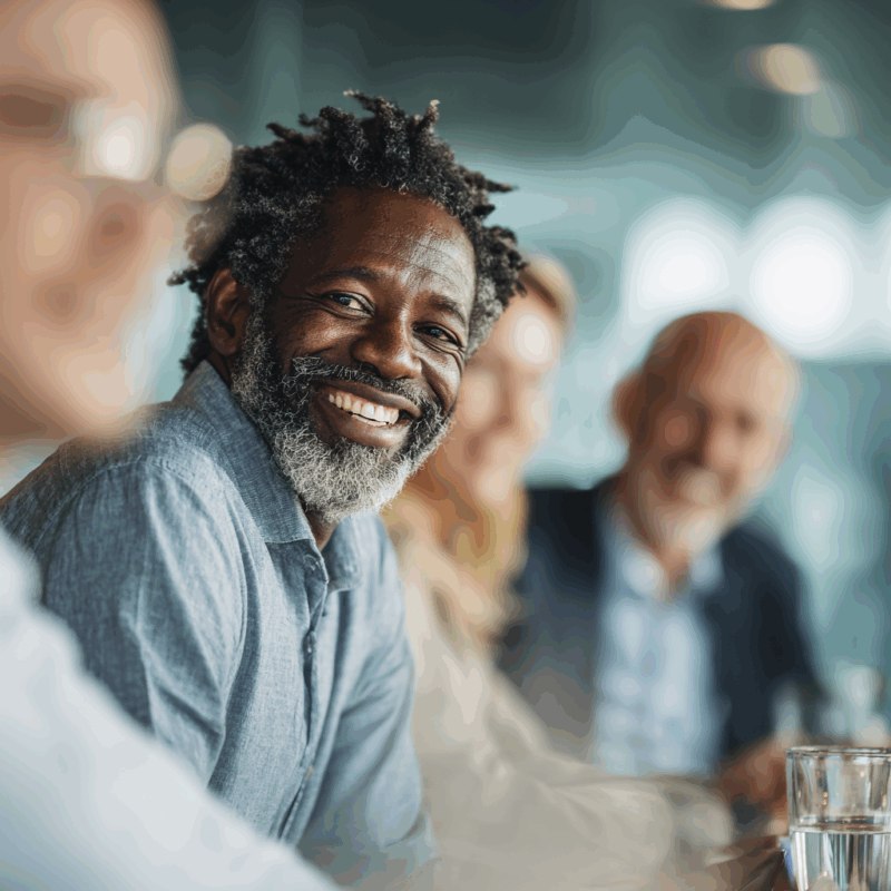 Smiling professional in a boardroom meeting with colleagues