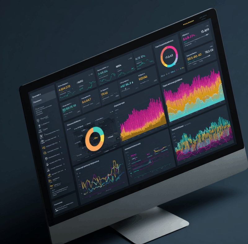 Computer monitor displaying a data analytics dashboard with colorful charts