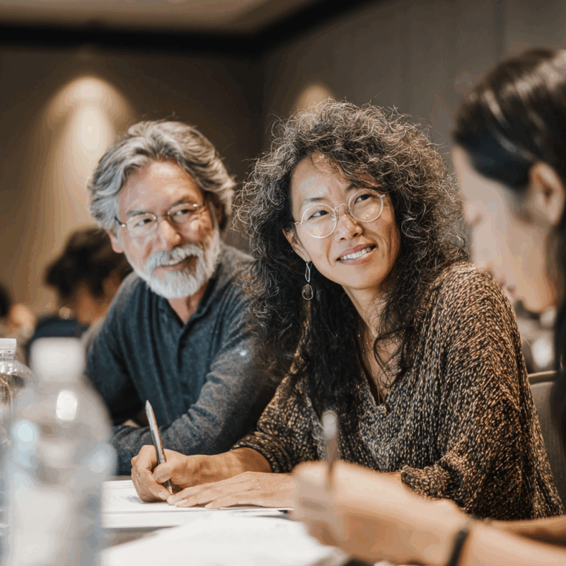 Professionals conversing and taking notes during a business meeting
