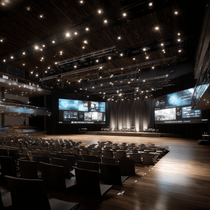 Modern auditorium with tiered seating and stage screens
