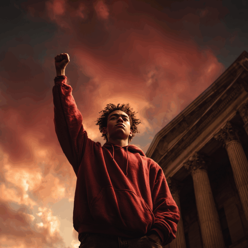 Student raising a fist in front of a columned campus building at sunset