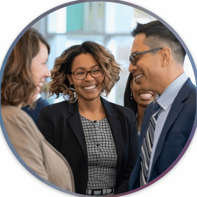 Diverse professionals smiling and talking during a networking event