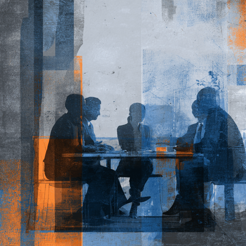 Illustration of professionals in discussion around a conference table