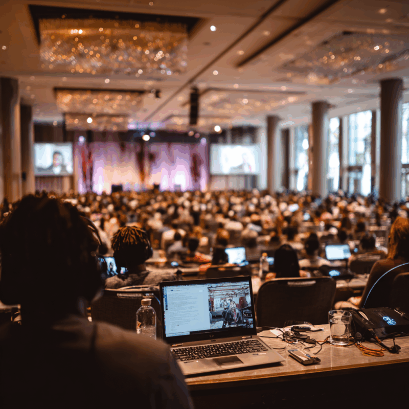 Large conference ballroom filled with attendees facing a stage